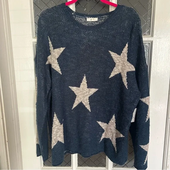 Easel Los Angeles oversized women’s size large blue knit sweater white stars - Picture 2 of 11